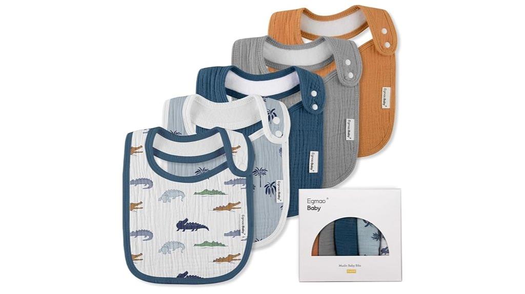 set of five muslin bibs